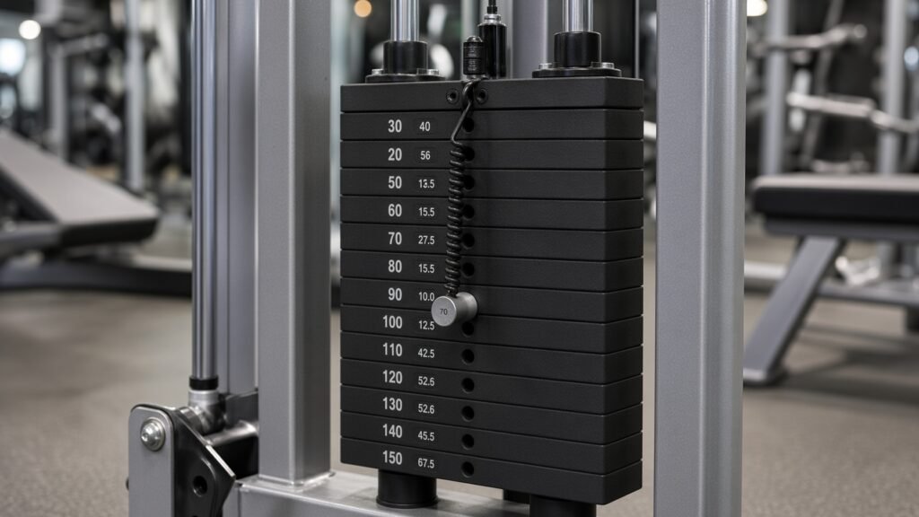 Close-up of a cable machine weight stack with the selector pin in place