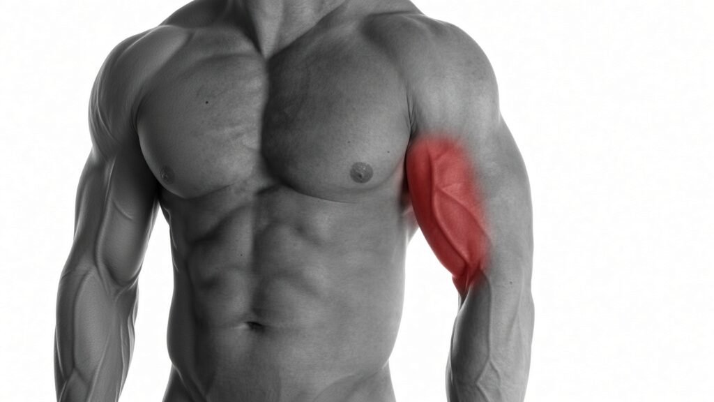 Image of a male torso with the whole upper armbicep shaded red as one block