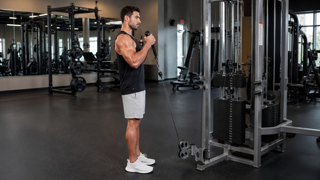 Man performing a cable hammer curl with a rope attachment and a neutral grip