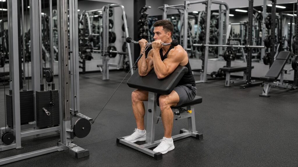Man performing a cable preacher curl on a preacher bench with a cable attachment
