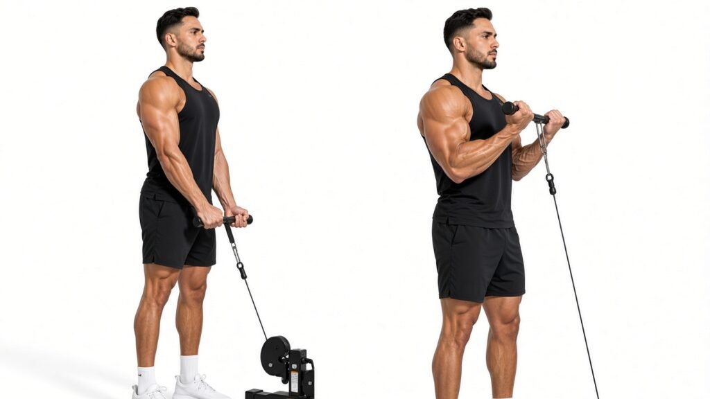 Man performing a standing cable curl with a straight bar attachment