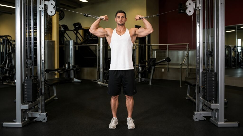 Man performing an overhead cable curl with both arms raised to the sides at the high pulleys