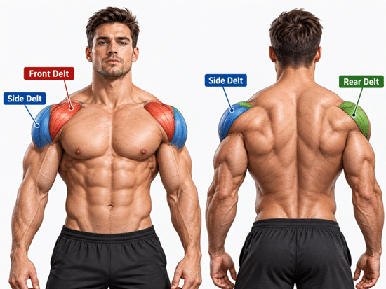 Front and back view of a man’s shoulders with the front, side, and rear delts labeled.