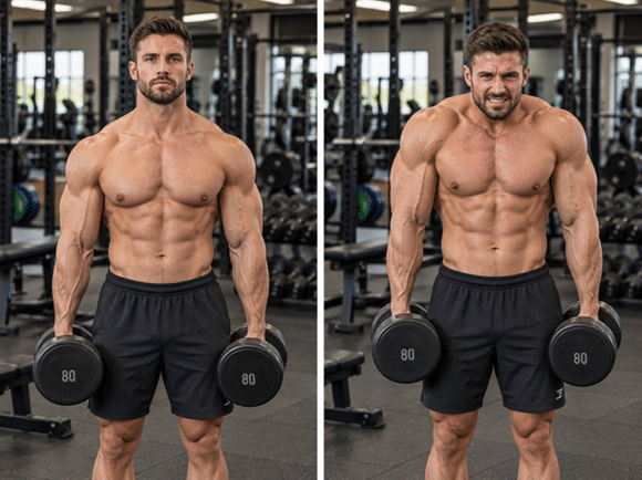 Man performing a dumbbell shrug with the dumbbells hanging at his sides