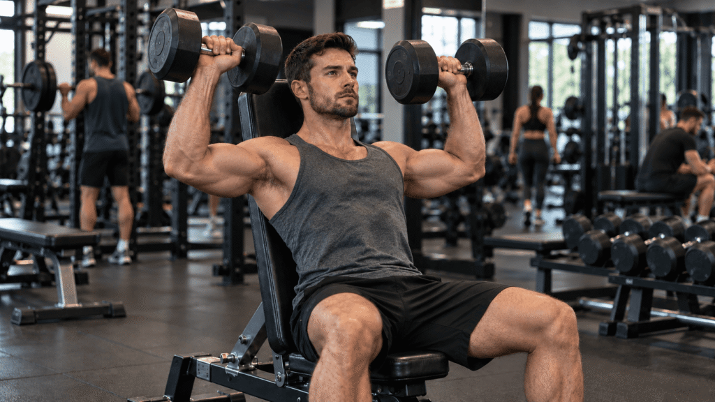 Man training his shoulders with dumbbells in a gym