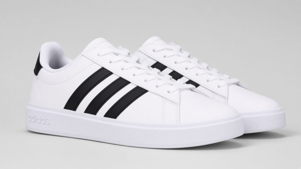 adidas Grand Court 2.0 white sneaker with black three stripes, side profile