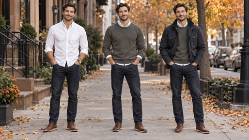 Same man on a sidewalk in fall wearing three outfits side by side, from a shirt and jeans to the full layered version with a sweater and a jacket