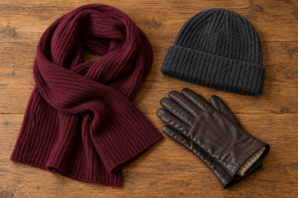 Burgundy ribbed scarf, charcoal ribbed beanie and brown leather gloves laid out on a wooden table
