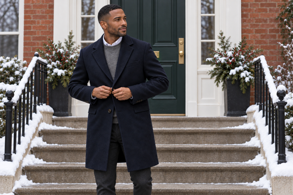 Man buttoning a knee-length navy wool overcoat over a gray crewneck sweater and white collared shirt on snowy front steps