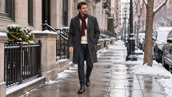 Man in a charcoal wool overcoat, burgundy scarf, cream sweater and dark brown boots walking down a snowy city sidewalk