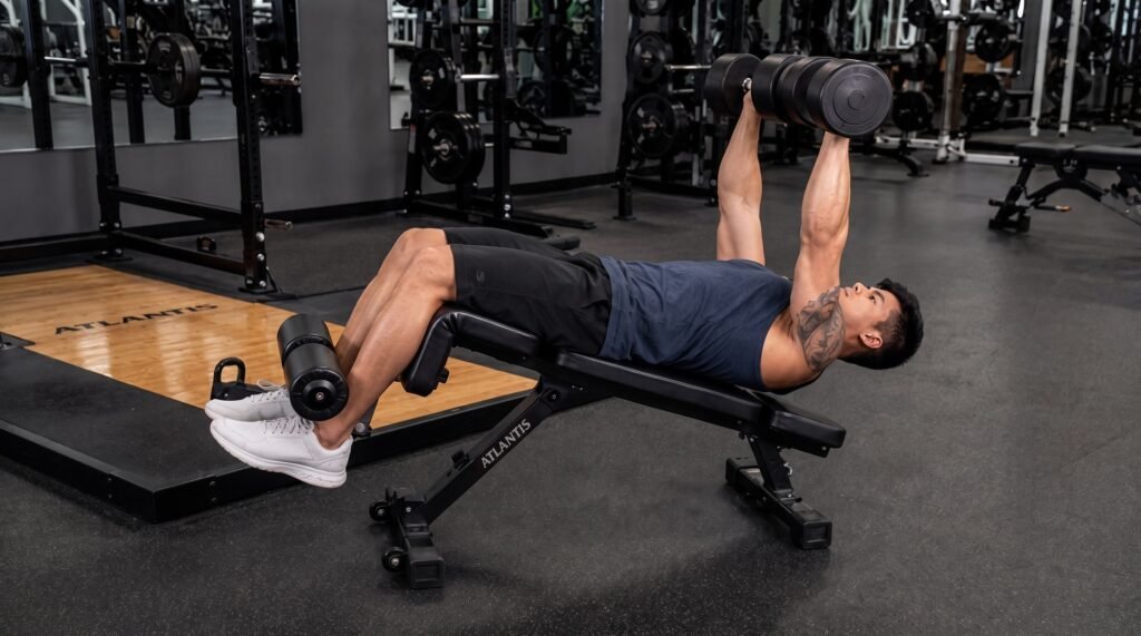 Man performing a decline dumbbell press on a bench set to a slight decline