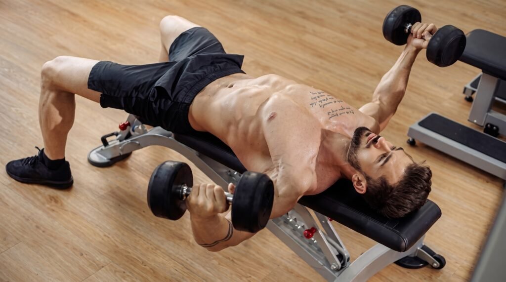 Man performing a dumbbell chest fly with a soft bend in his elbows