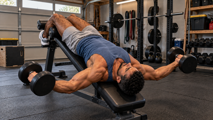 Man lowering dumbbells out to his sides in a decline fly on a bench