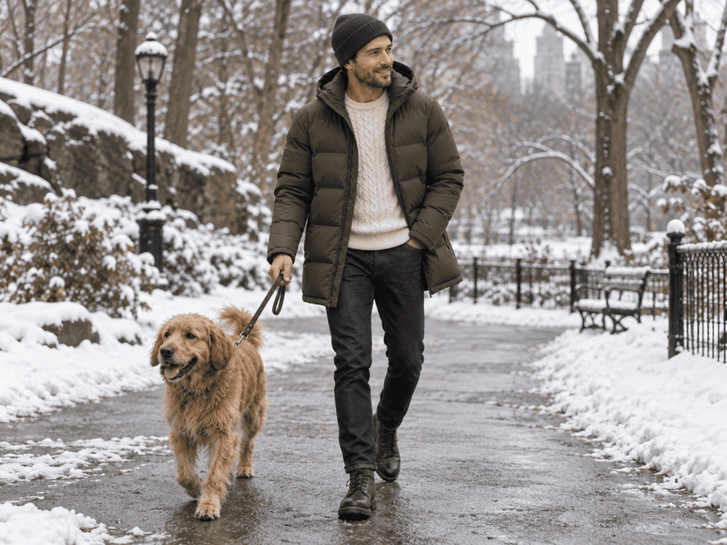 Man in a matte olive hooded down parka, charcoal beanie and jeans walking his dog down a snowy park